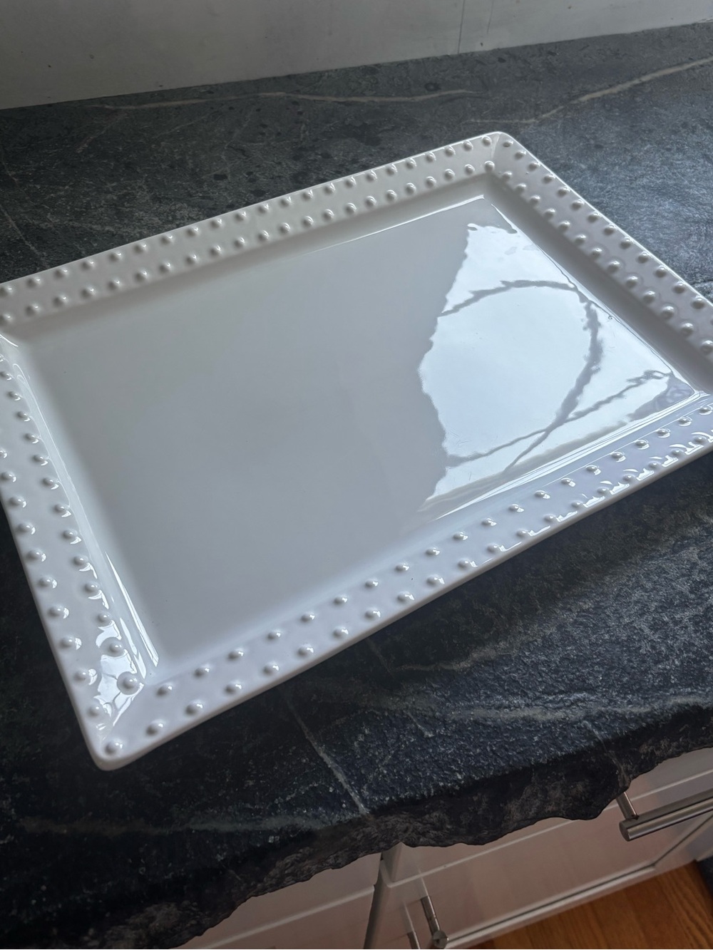 White Beaded Rectangular ceramic Serving Platter tray large